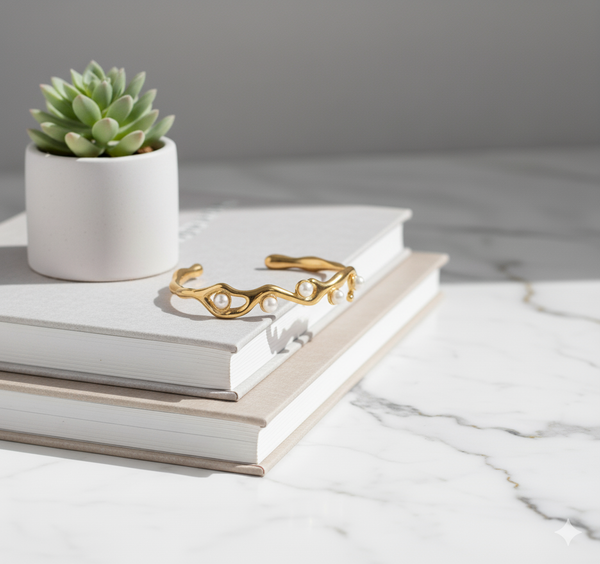 Gold Plated Wavy Cuff Bracelet with Imitation Pearls