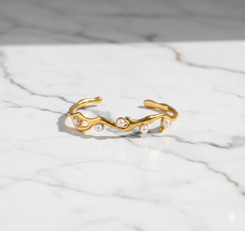 Gold Plated Wavy Cuff Bracelet with Imitation Pearls