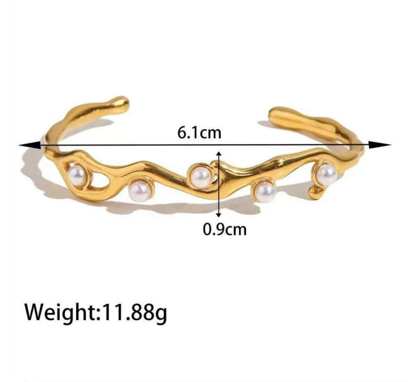 Gold Plated Wavy Cuff Bracelet with Imitation Pearls