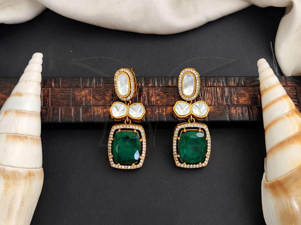 Gold-Toned Kundan Drop Earrings with Emerald Green Stone Accent