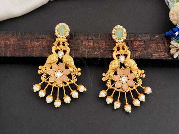 Gold-Toned Traditional Peacock Motif Earrings with Floral and Pearl Detailing