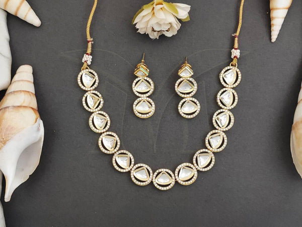 Gold-Toned White Kundan Circular Necklace Set with Matching Earrings