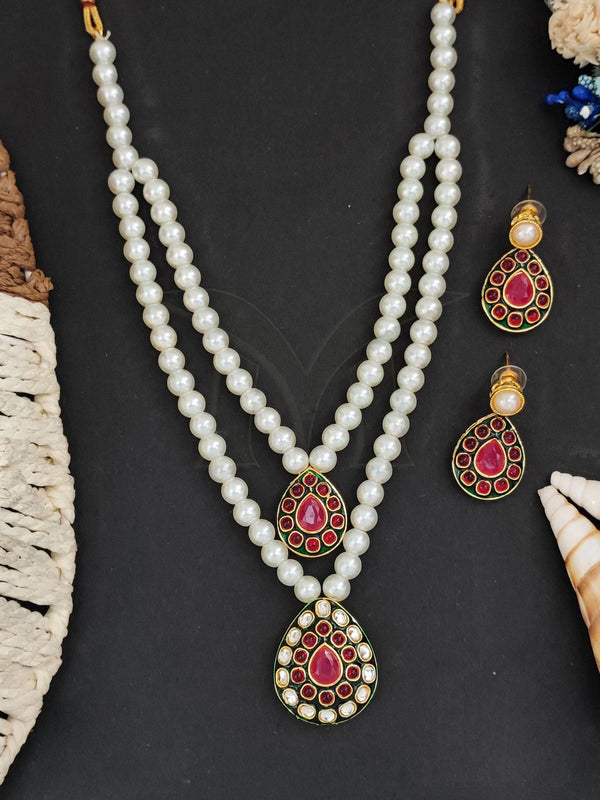 Double-Layered Pearl Beaded Necklace Set with Red Teardrop Pendant and Earrings