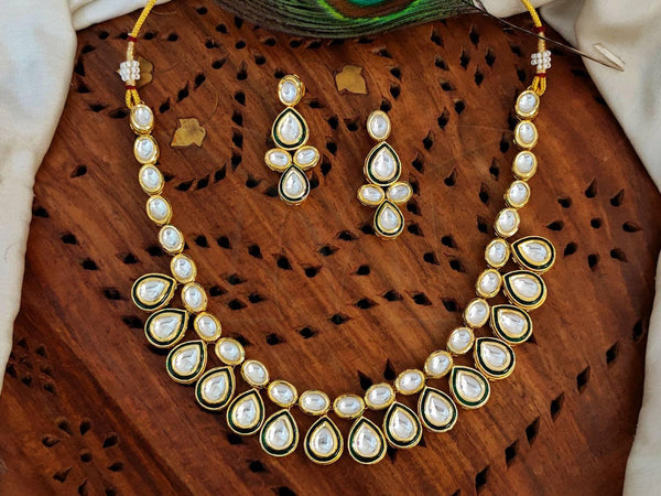 Gold-Toned White Kundan Teardrop Necklace Set with Earrings