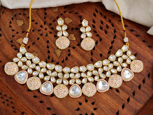 Gold-Toned Pink & White Kundan Bridal Necklace Set with Earrings