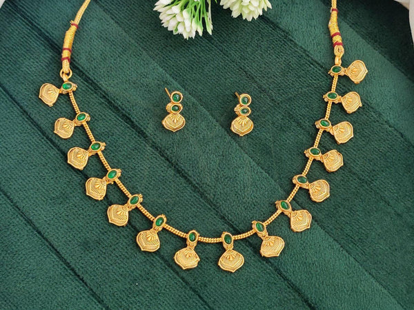 Gold-Toned Green Stone Traditional Necklace Set with Earrings