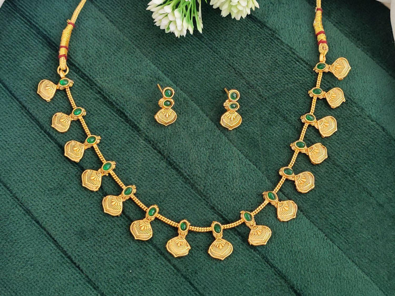 Gold-Toned Green Stone Traditional Necklace Set with Earrings
