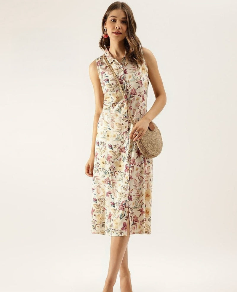 Off-White Floral Printed Sleeveless Shirt Dress