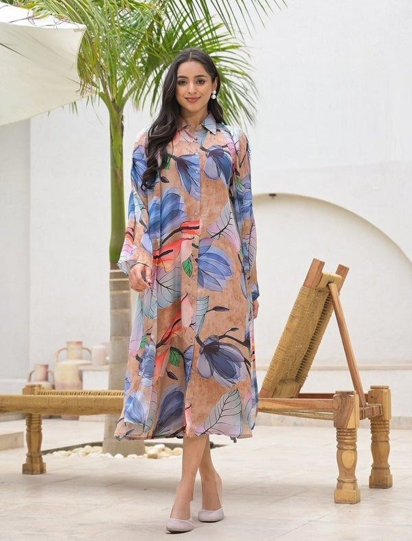Abstract Leaf Print A-Line Midi Dress with Cape Overlay