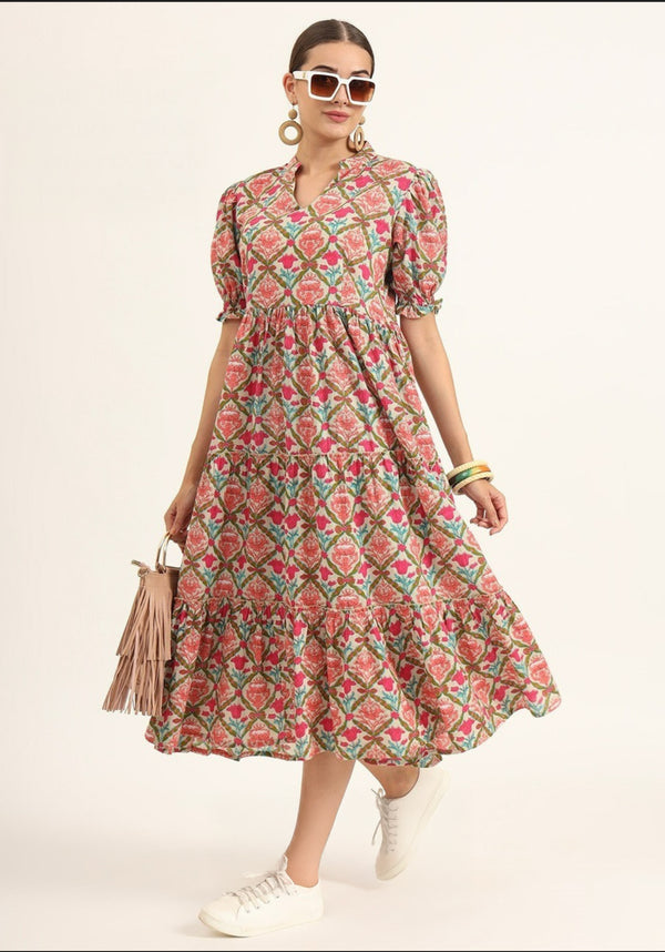 Floral Printed Midi Dress with Puff Sleeves