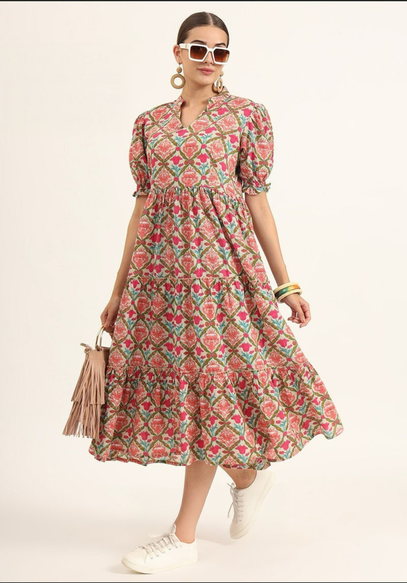 Floral Printed Midi Dress with Puff Sleeves