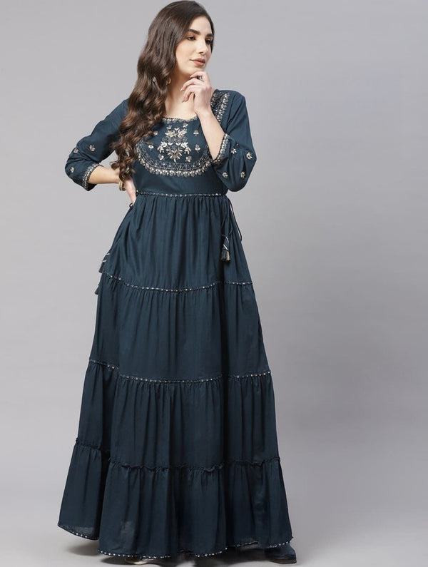 Embroidered Tiered Anarkali Maxi Dress with 3/4 Sleeves
