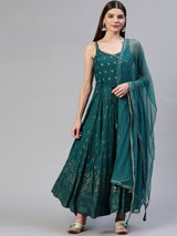 Ethnic Printed Anarkali Gown with Dupatta & Spaghetti Straps
