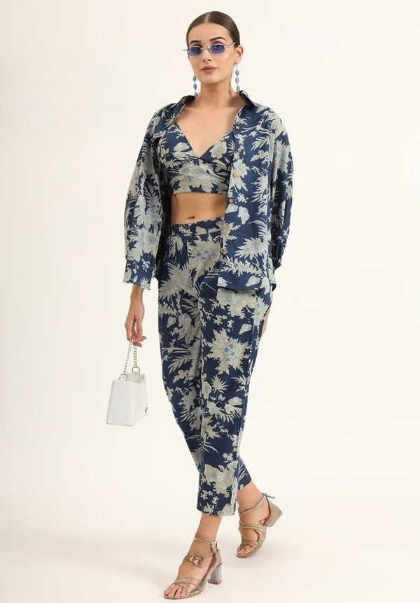 Blue & Beige Floral Printed Co-ord Set with Crop Top, Trousers & Shirt
