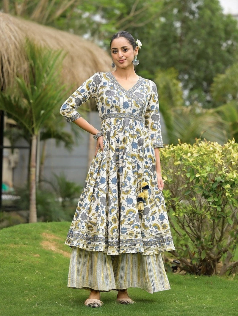 Women's Floral Printed Anarkali Kurta Set with Striped Palazzos