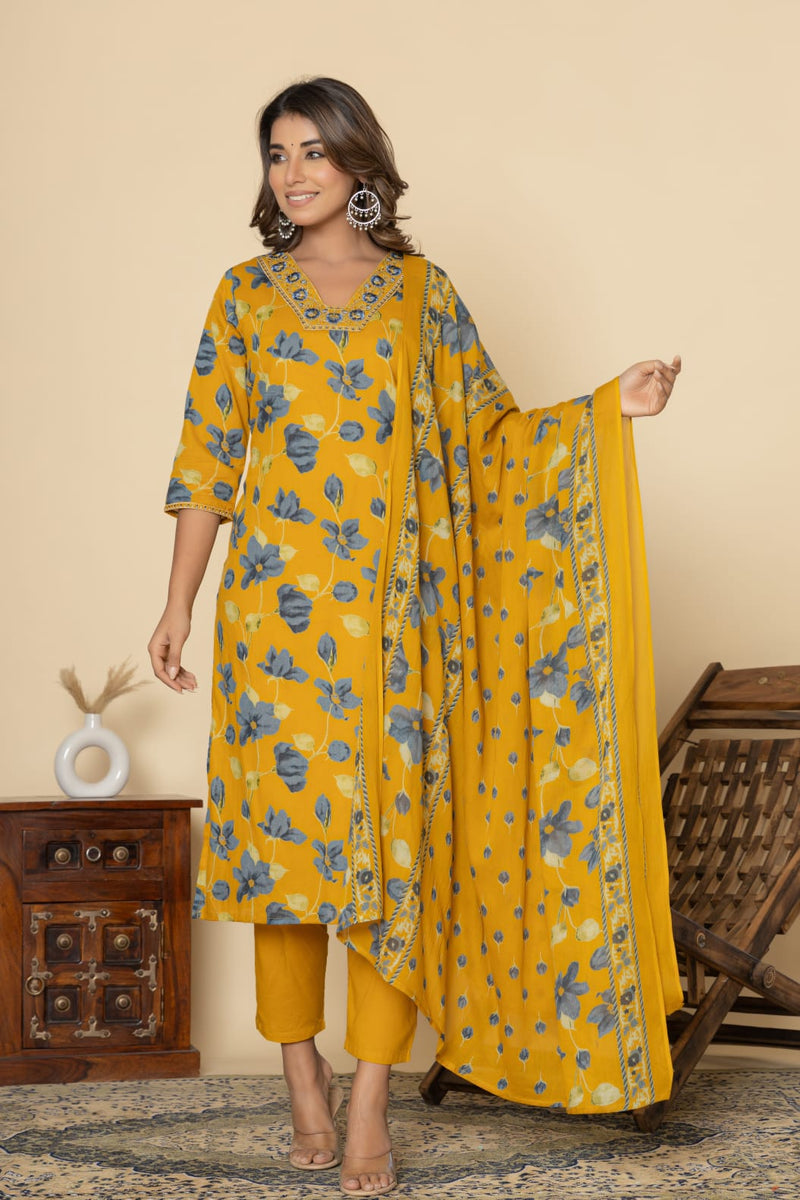 Mustard Yellow Floral Printed Kurti Set with Dupatta