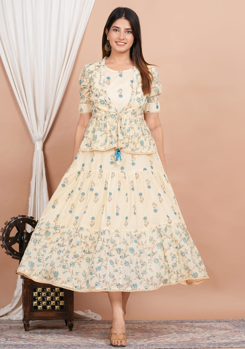 Pastel Yellow Floral Printed Anarkali Kurti with Peplum Jacket