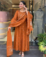 Rust Orange Embroidered Cotton kurta & pant with malmal dupatta