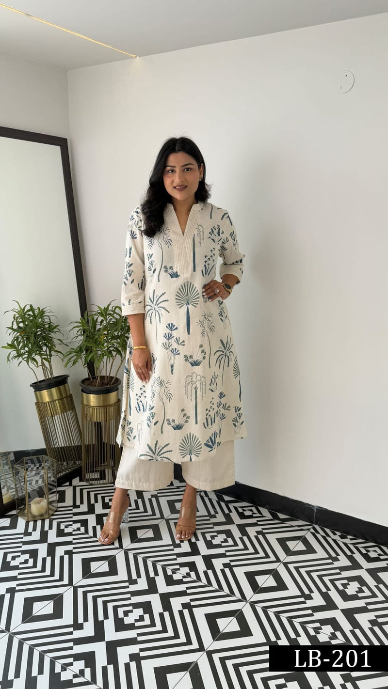 Off-White & Indigo Blue Printed A-Line Kurta with Wide-Leg Trousers