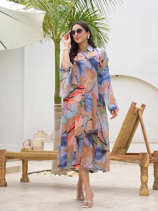Abstract Leaf Print A-Line Midi Dress with Cape Overlay