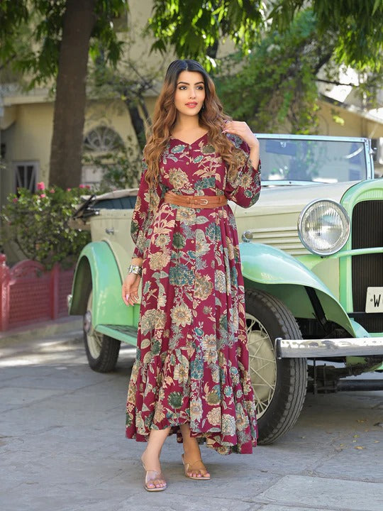 Printed Maxi Dress with Belted Waist & Flounce Hem