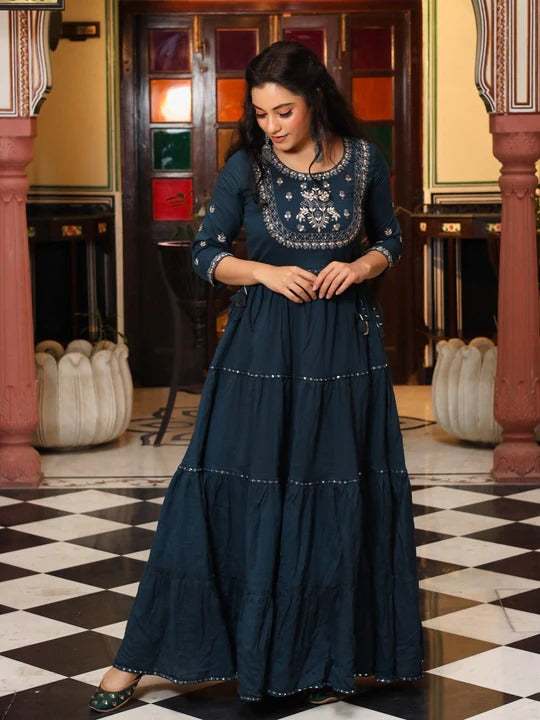 Embroidered Tiered Anarkali Maxi Dress with 3/4 Sleeves
