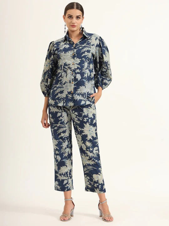 Blue & Beige Floral Printed Co-ord Set with Crop Top, Trousers & Shirt