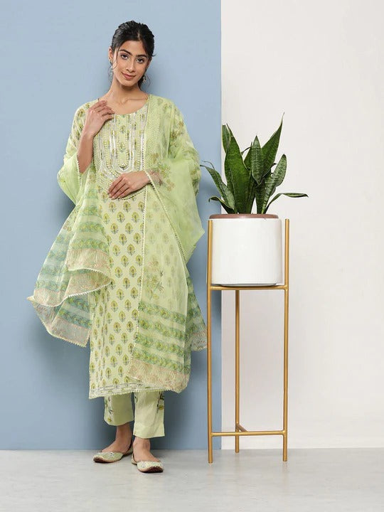 Women's Light Green Embroidered Kurta Set with Dupatta