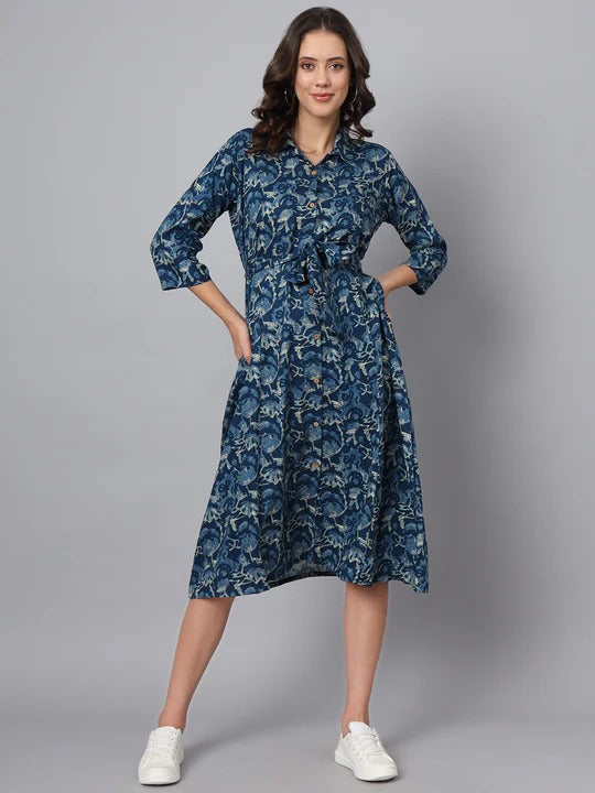 Women's Blue Floral Printed Shirt Dress with Waist Tie-Up