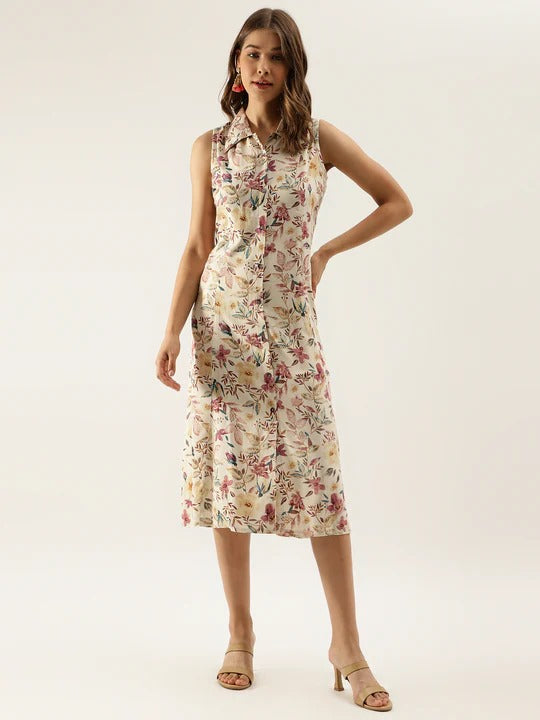 Off-White Floral Printed Sleeveless Shirt Dress