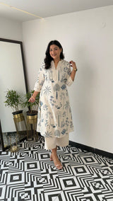 Off-White & Indigo Blue Printed A-Line Kurta with Wide-Leg Trousers