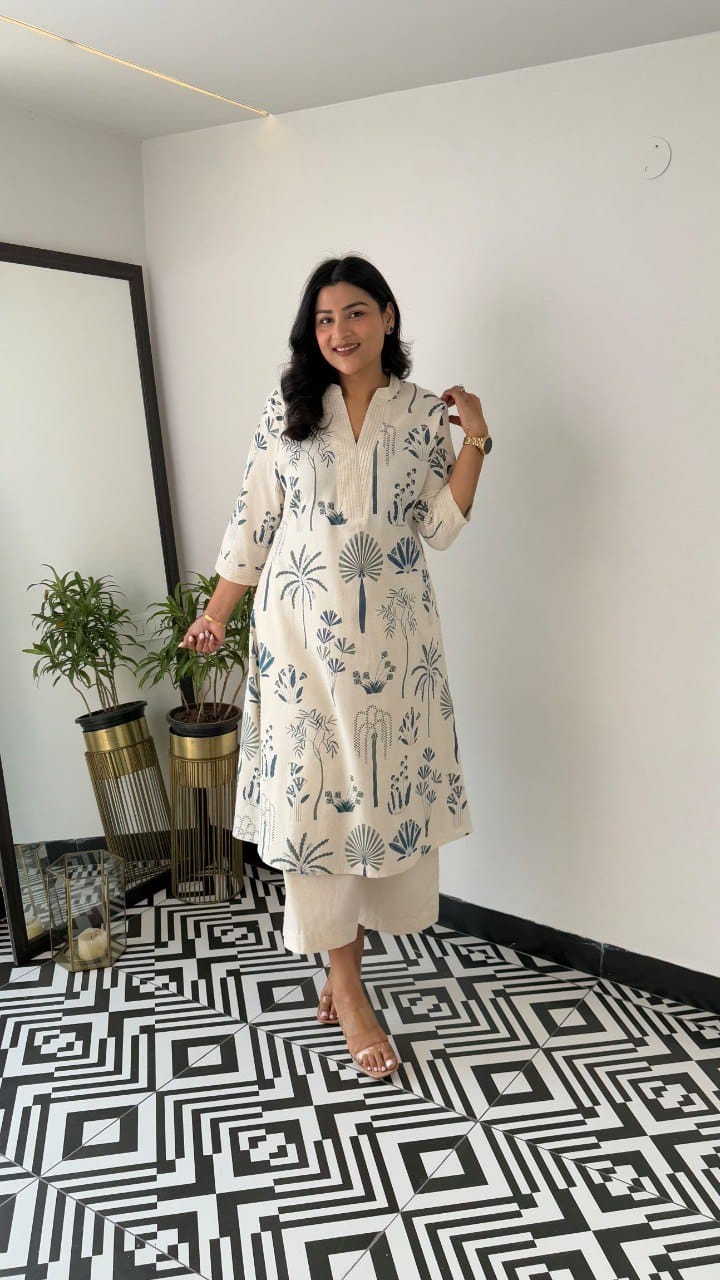 Off-White & Indigo Blue Printed A-Line Kurta with Wide-Leg Trousers