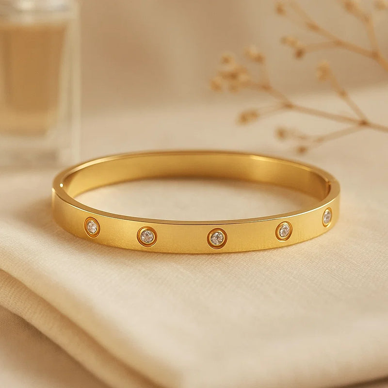 Stainless Steel Contemporary Gold Toned Love AD Anti-Tarnish Bracelet with Crystal Accents