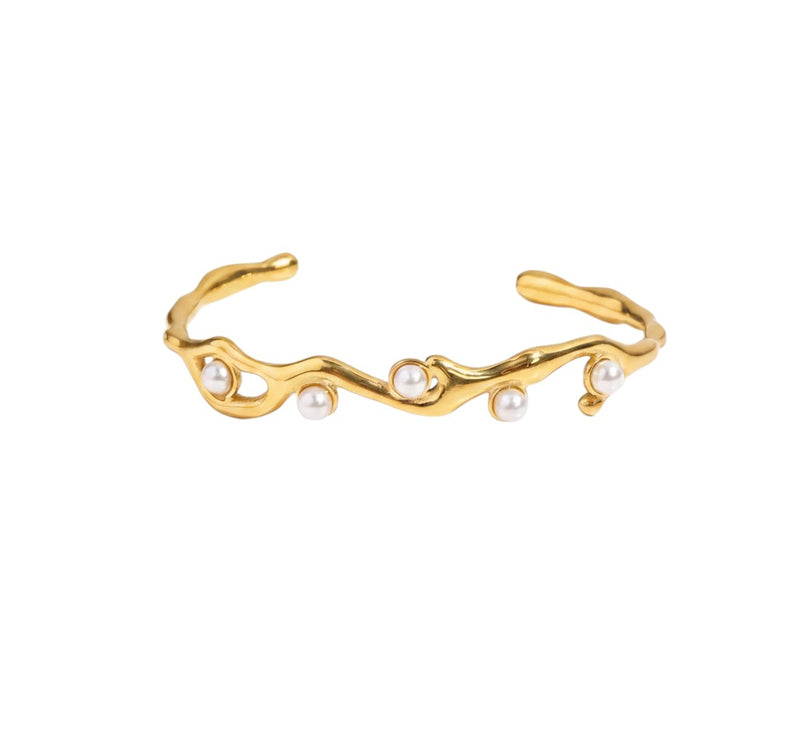 Gold Plated Wavy Cuff Bracelet with Imitation Pearls